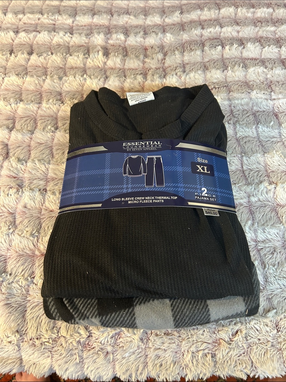 Essentials Men's Black Thermal Top & Plaid Micro Fleece Pajama Set XL